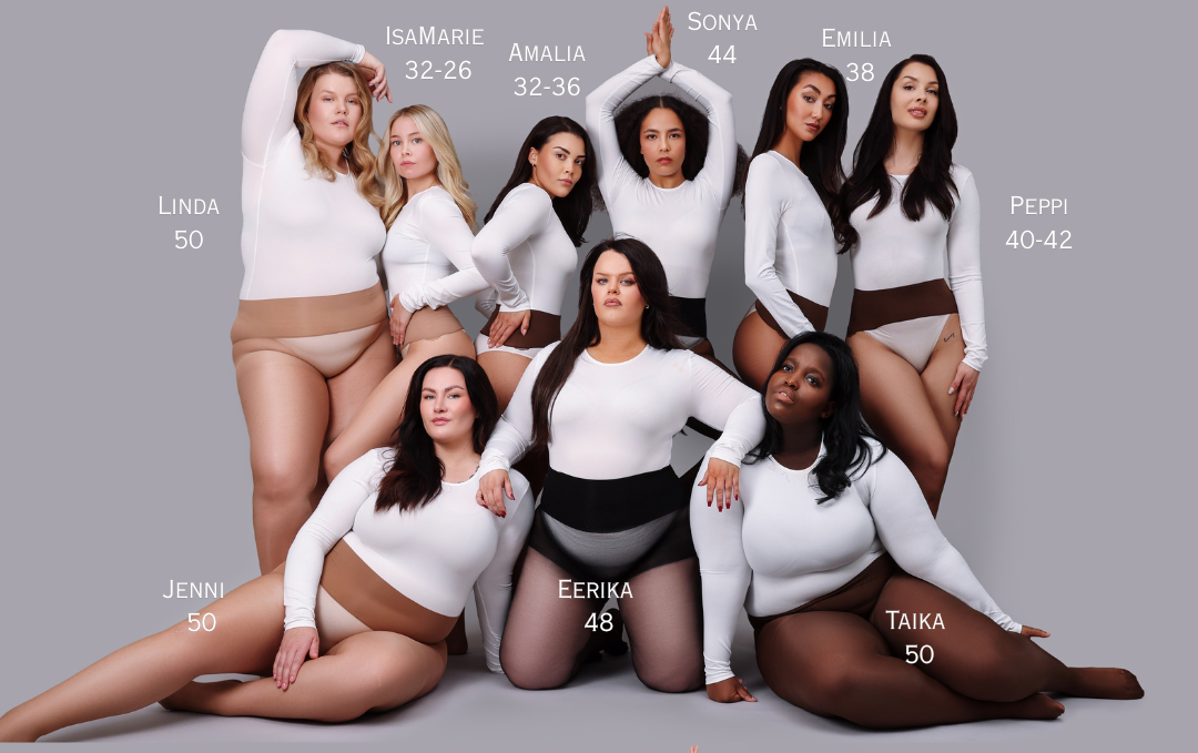Luvbyn koko-opas näyttää mallien avulla mikä koko on millekin vartalolle sopivin.